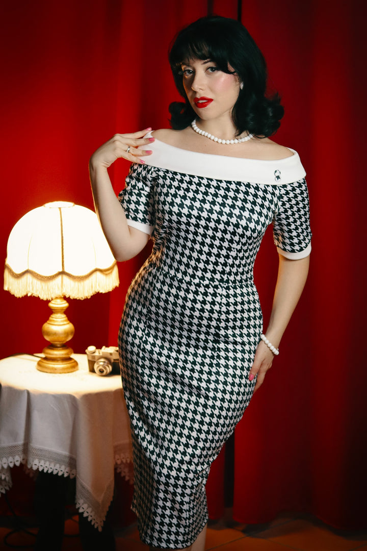 Valerie Houndstooth Fitted Off Shoulder Dress