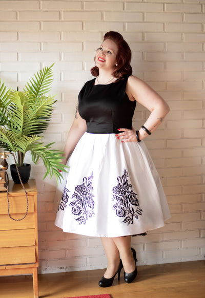 Embroidered Roses Swing Dress in Black-White