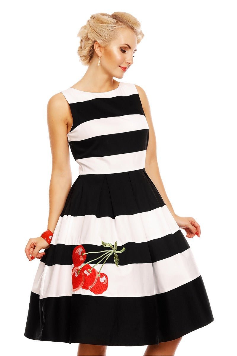 Embroidered Cherry Stripe Swing Dress in Black