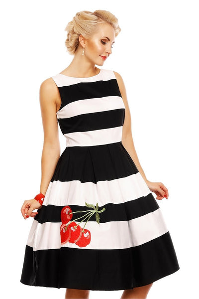 Embroidered Cherry Stripe Swing Dress in Black