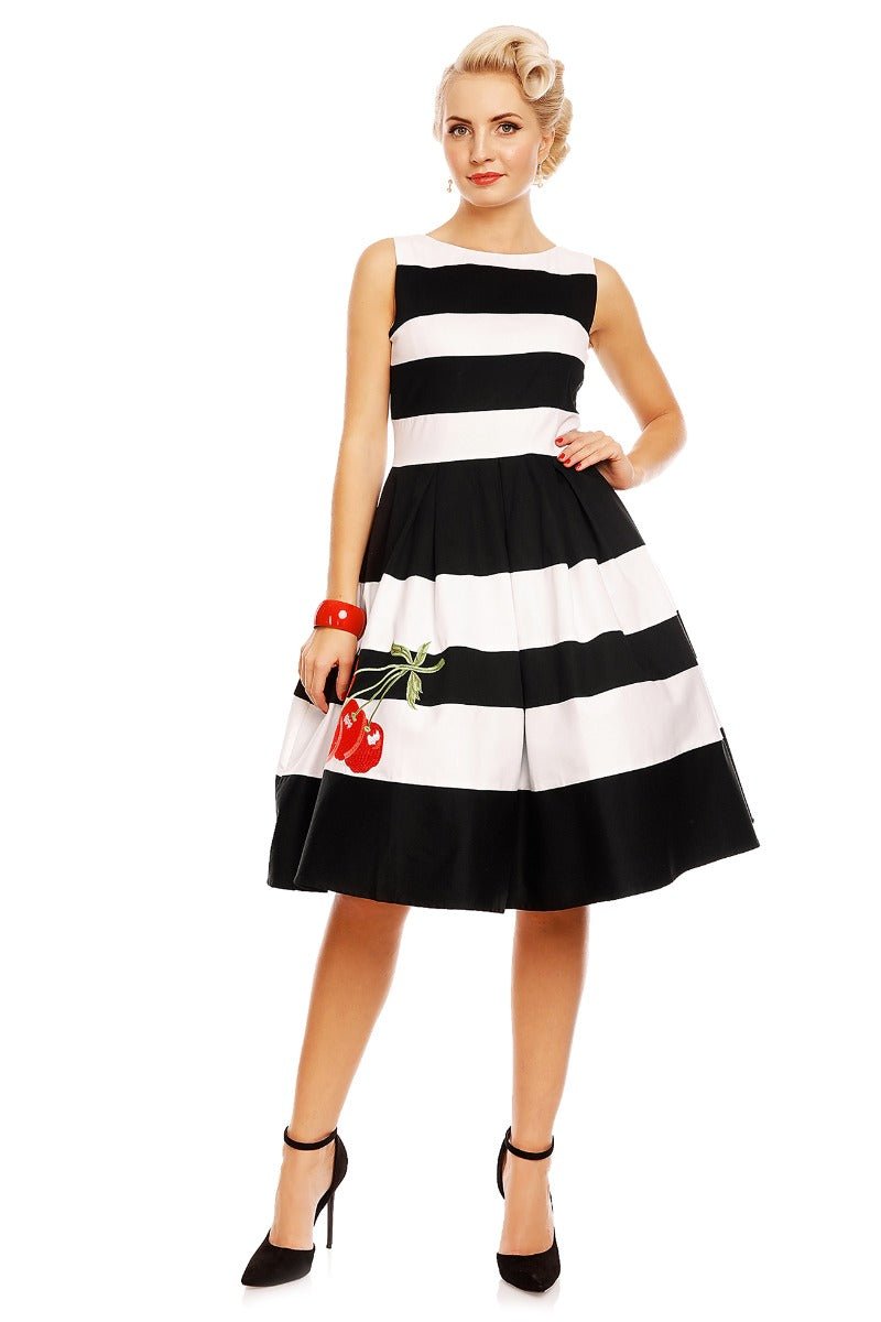 Embroidered Cherry Stripe Swing Dress in Black