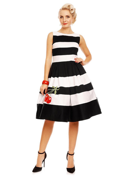 Embroidered Cherry Stripe Swing Dress in Black