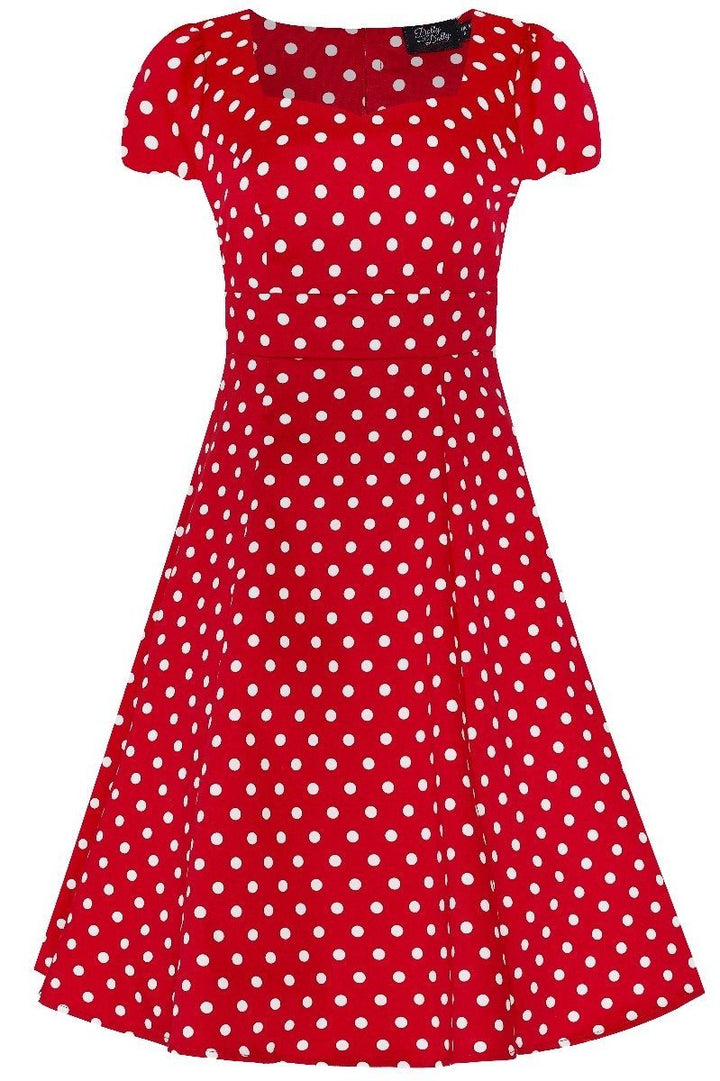 red fifties style dress Retro Polka Dot 1950s Outfit For Ladies Fifties Style Dress In Red White Polka Dots