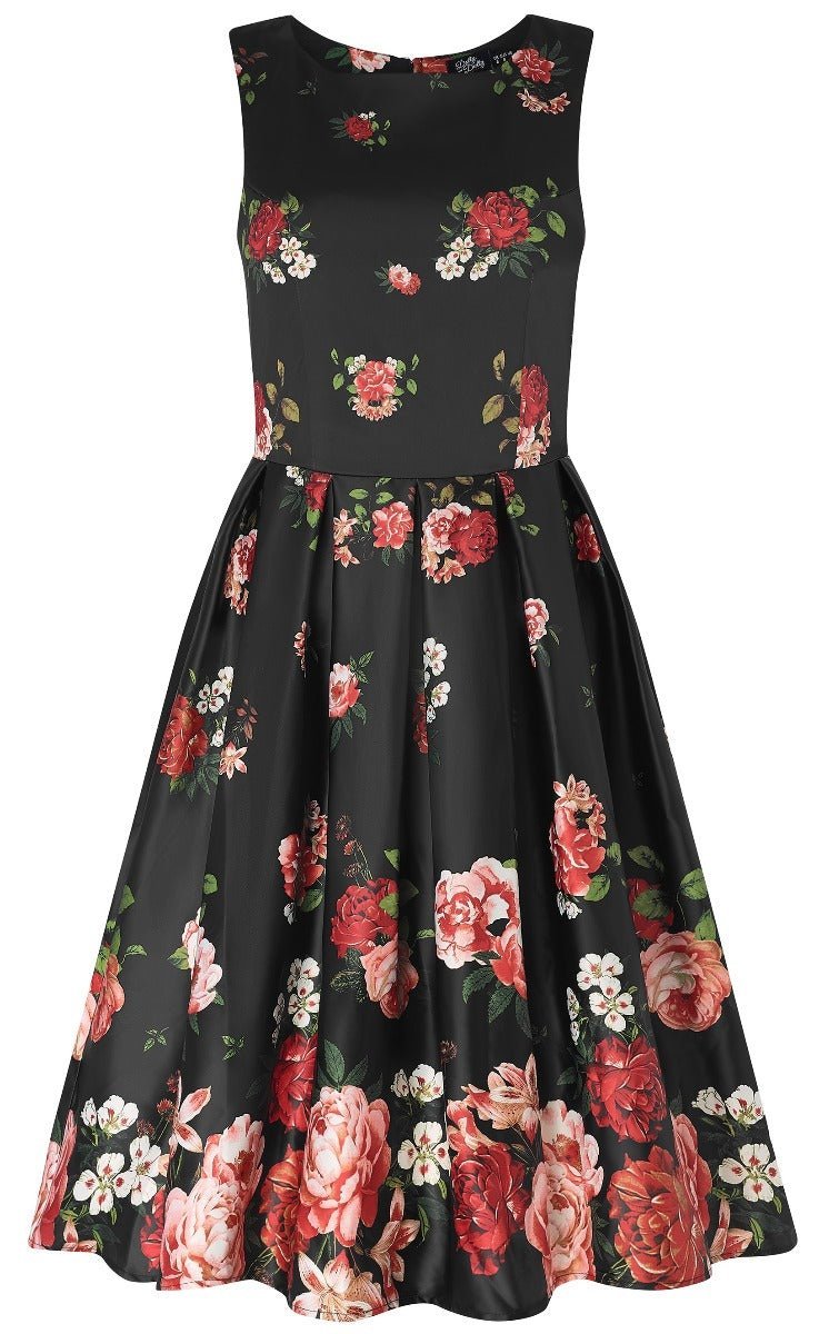 Sleeveless Floral Roses Satin Flared Dress in Black/Pink