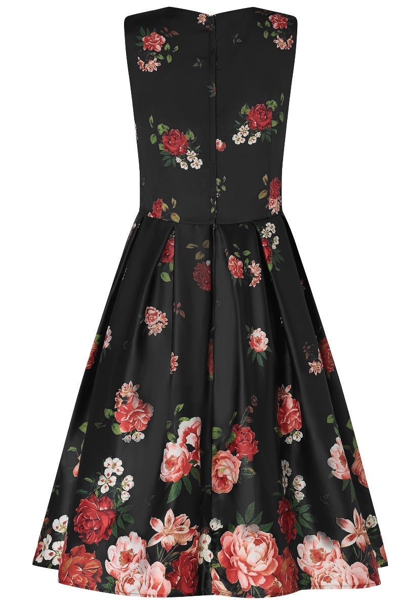 Sleeveless Floral Roses Satin Flared Dress in Black/Pink