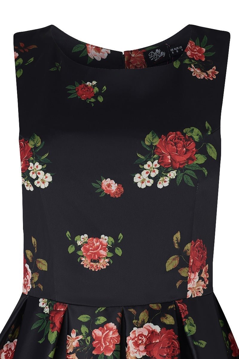 Close up view of Floral Roses Satin Flared Dress in Black-Pink