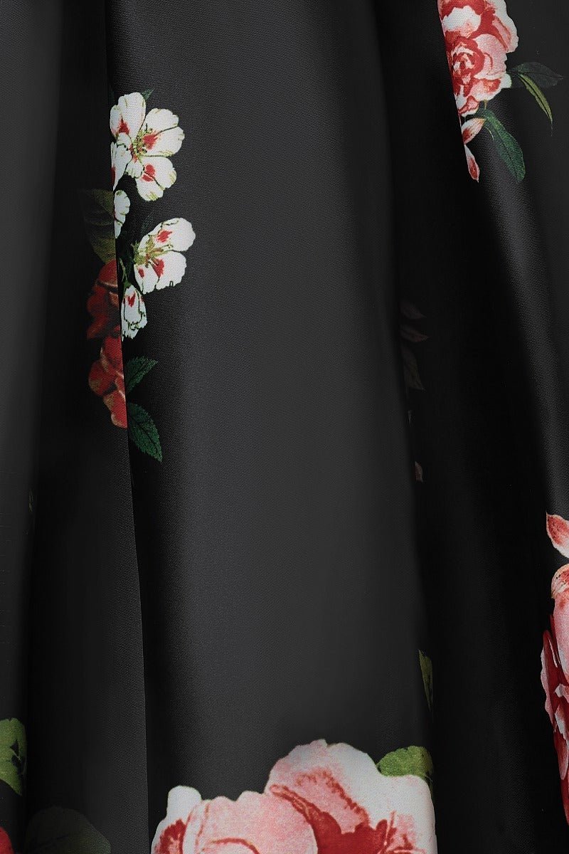 Sleeveless Floral Roses Satin Flared Dress in Black/Pink