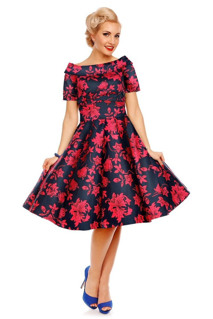 blue red floral dress Darlene Floral Roses 50's Swing Dress in Blue/Red