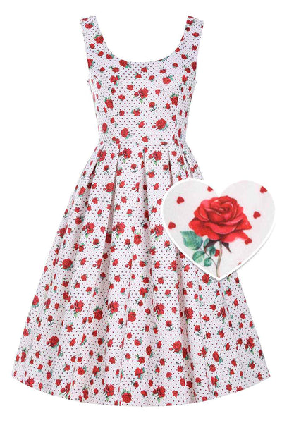 Front view of Retro Red Hearts & Roses Swing Dress