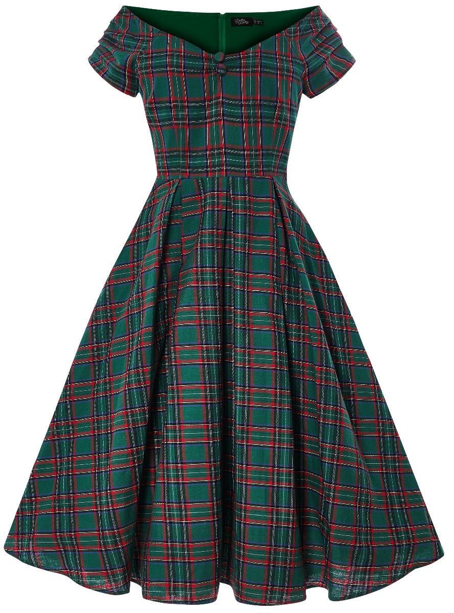 green tartan dress Lily Vintage Off-Shoulder Swing Dress in Green Tartan Print