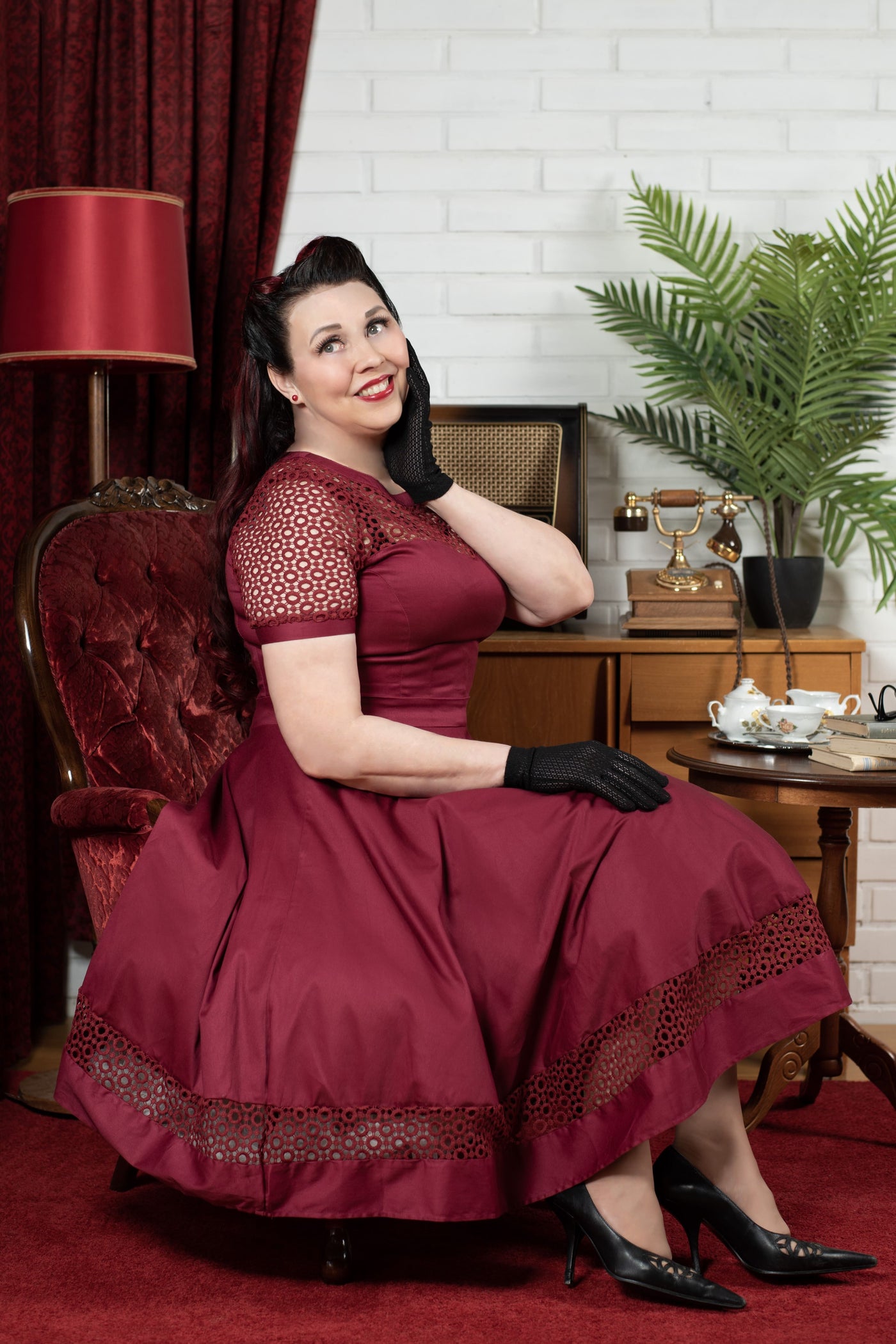 Lace Sleeved Dress in Burgundy
