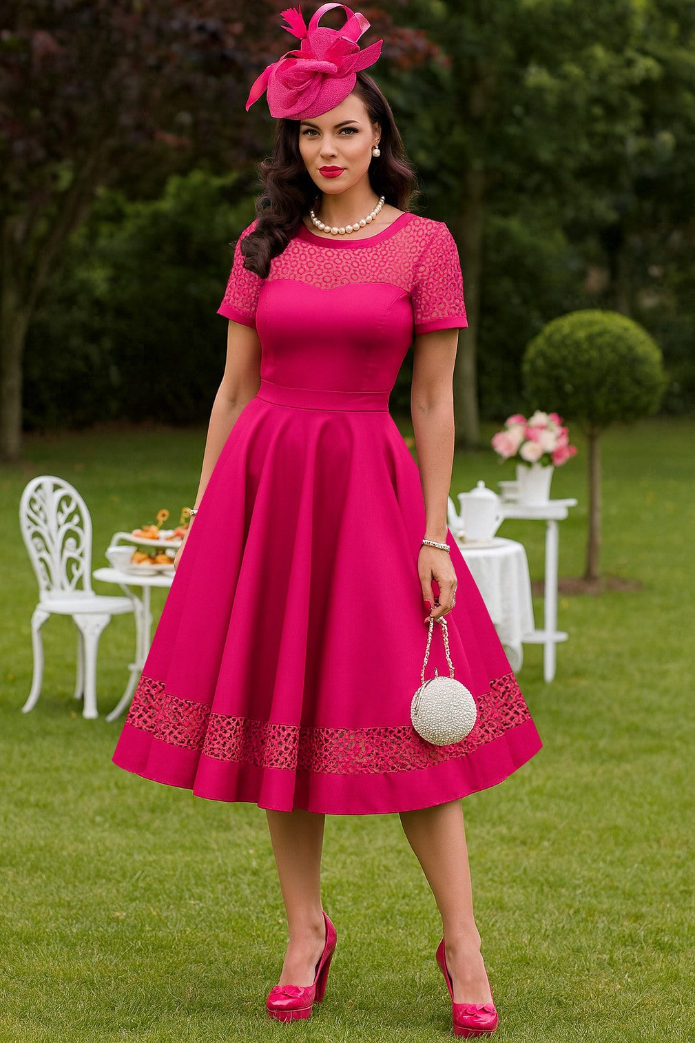 A model wearing a Tess Lace Sleeved Dress in  Hot Pink