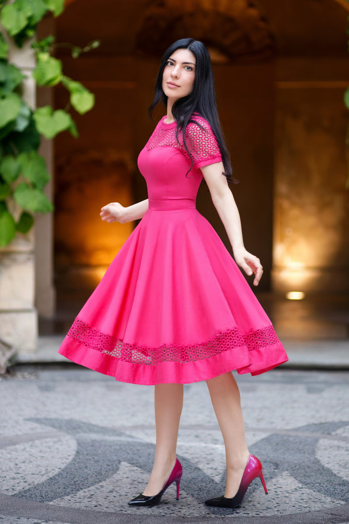 Tess Crochet Lace Sleeved Flared Dress in Hot Pink