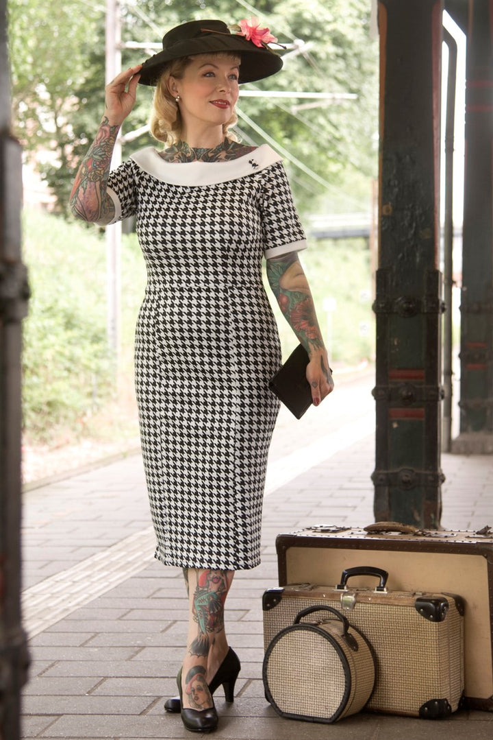 Valerie Houndstooth Fitted Off Shoulder Dress