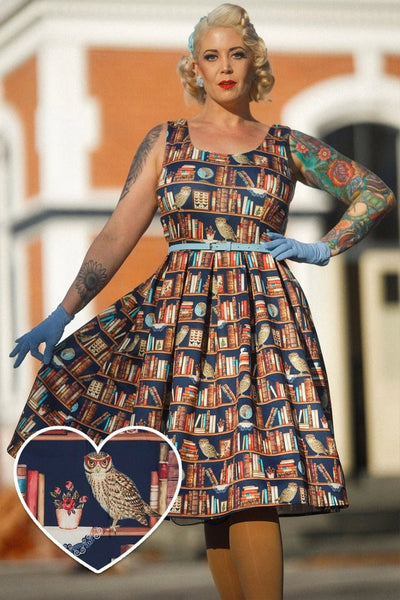 Amanda Library Book & Owl Print Swing Dress by Miss Chevy Chevelle