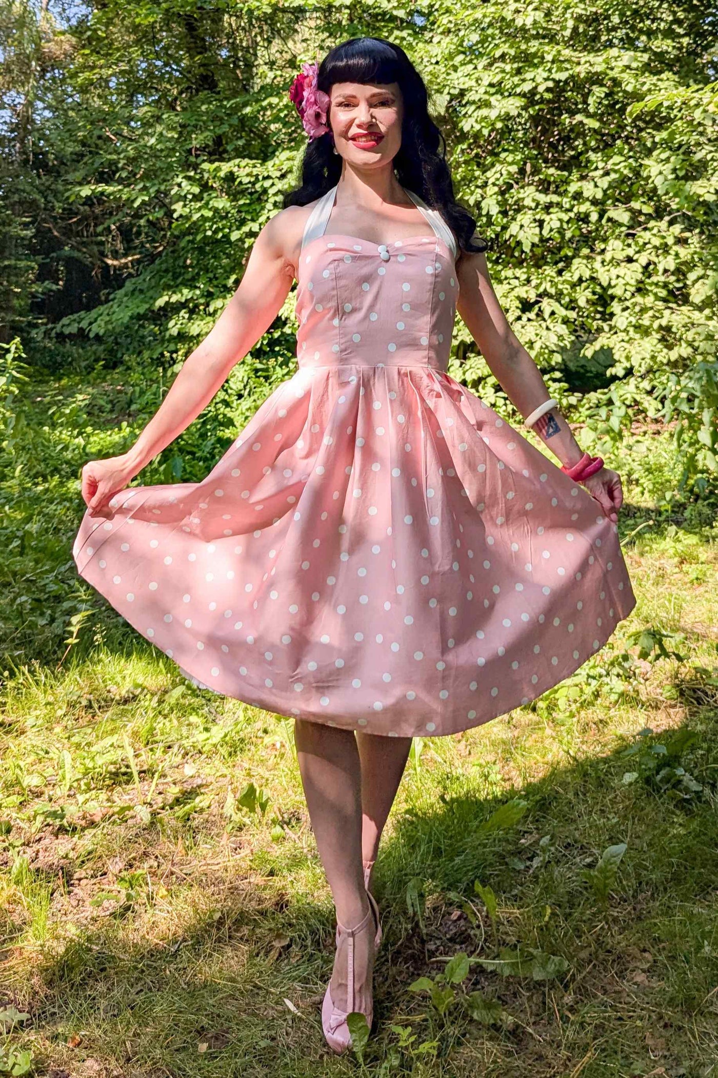 Sophia Light Pink Polka Dot Halterneck Dress