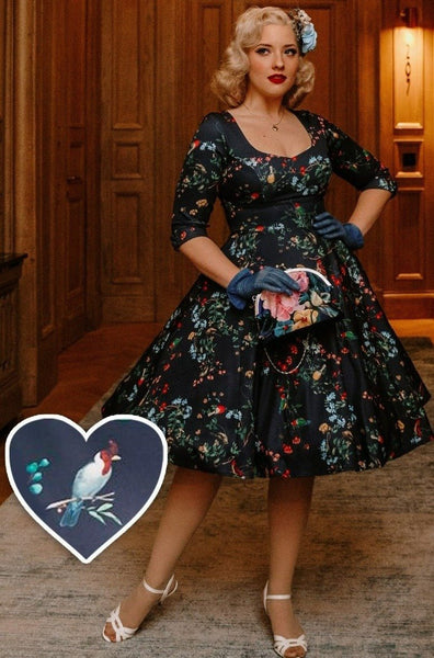 bird print midi dress Scarlette Long Sleeved Bird Print Midi Dress in Black