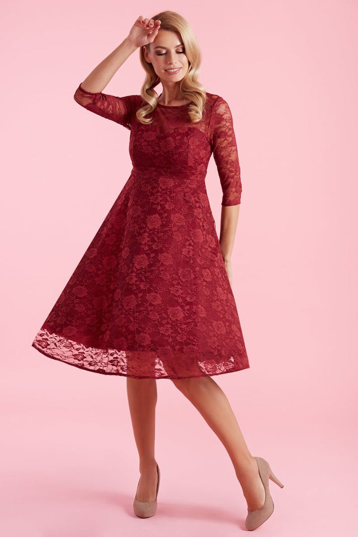 princess polly baby blue dress A Line V Neck Burgundy Lace Long Prom Dress, Long Burgundy Lace Formal –  abcprom main image 0