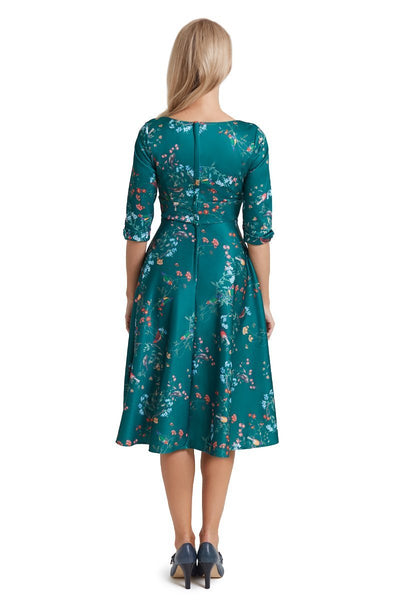 Scarlette Long Sleeved Green Midi Dress in Bird Print3