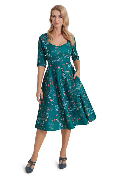 Scarlette Long Sleeved Green Midi Dress in Bird Print1