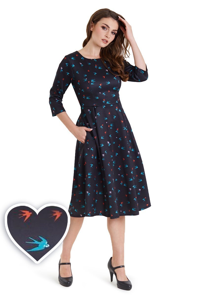 Front view of Long Sleeved Midi Black Dress with Swallows