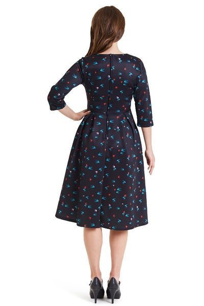 Back view of Long Sleeved Midi Black Dress with Swallows
