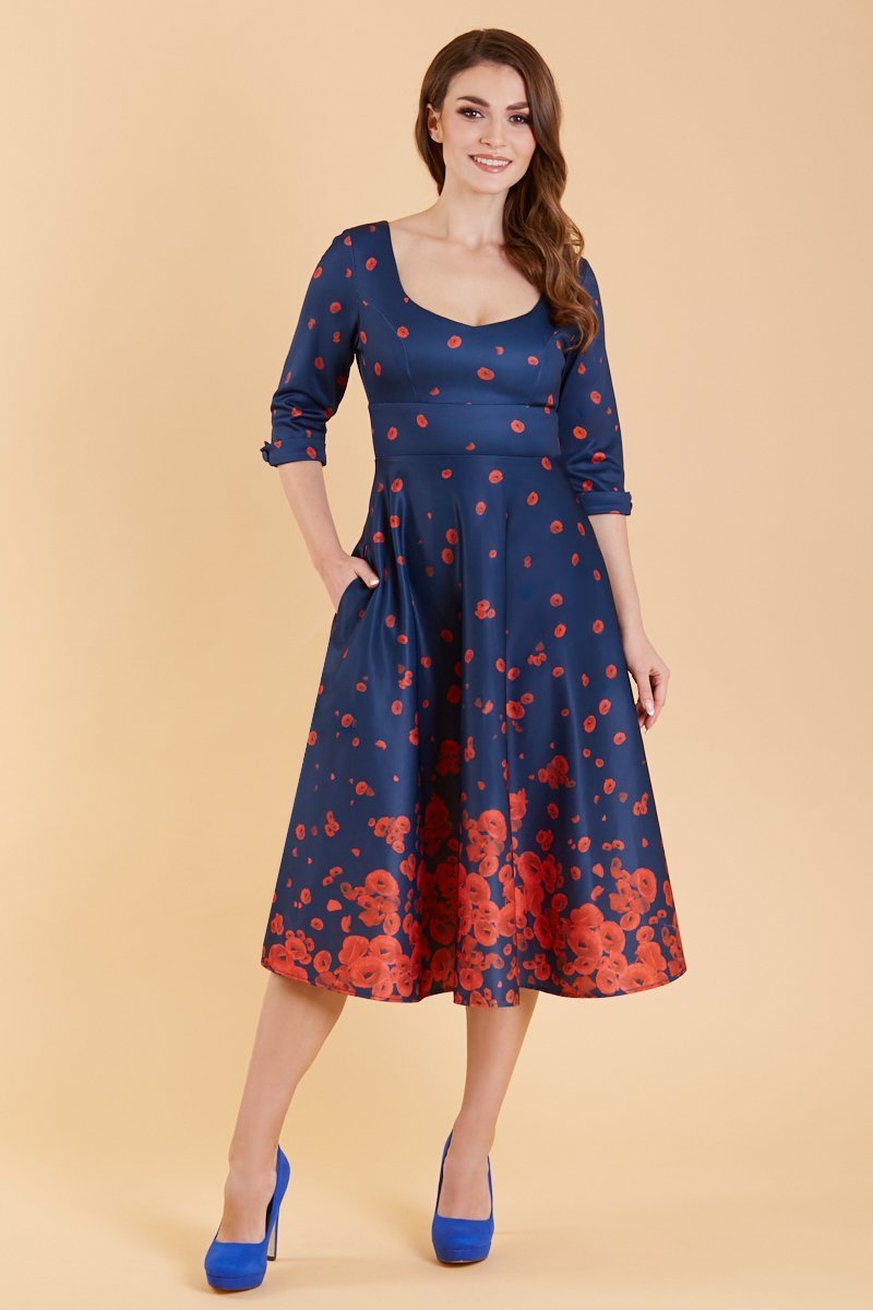 strapless open back dress Scarlette Sleeved Midi Dress in Navy Blue/Red Poppy Print