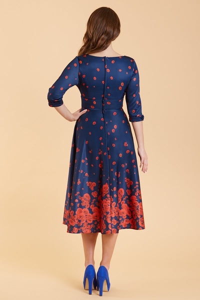Back view of Long Sleeved Midi Dress in Navy & Red Poppy