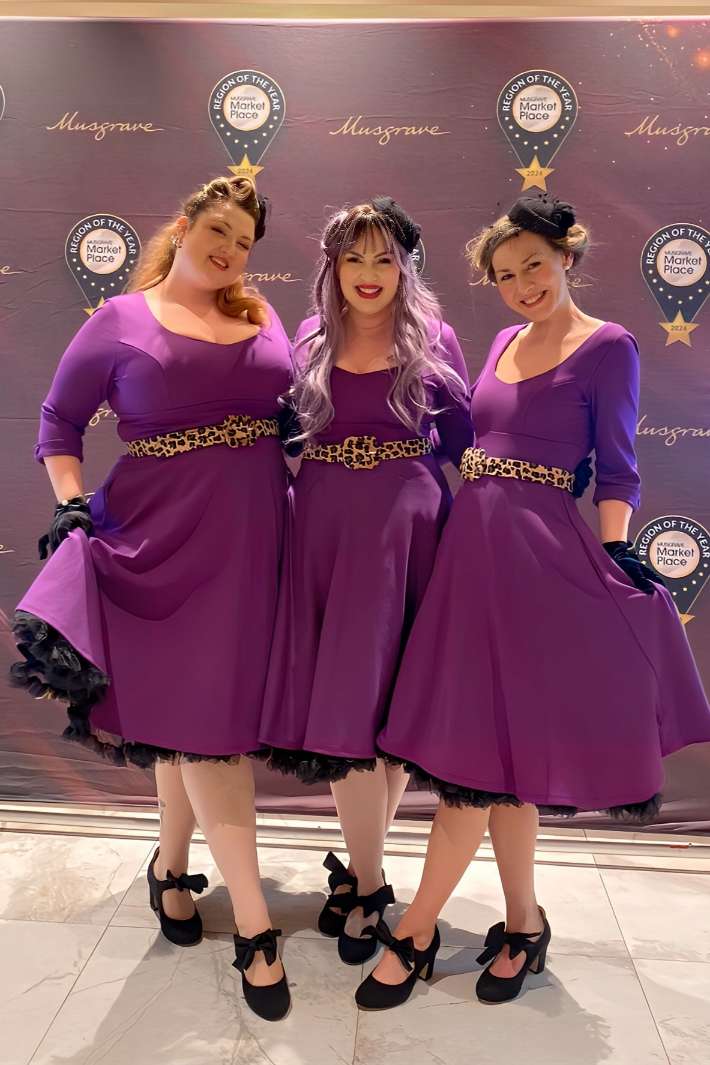 Ladies wearing Scarlette Long Sleeved Purple Midi Dress