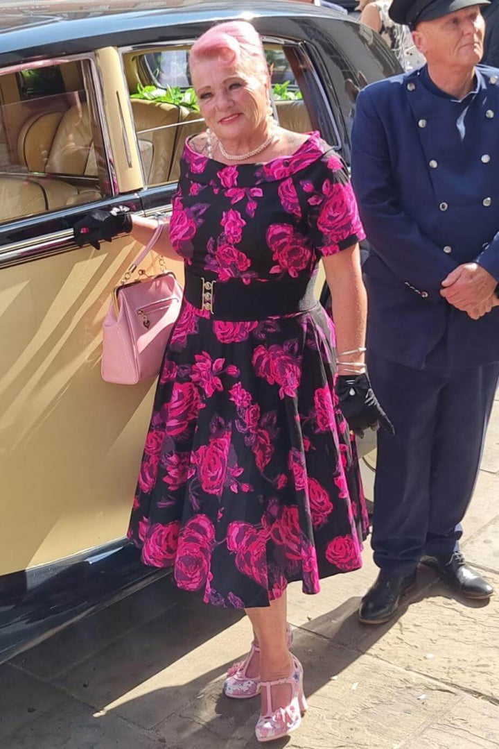 Darlene Retro Black/Pink Roses Swing Dress - Dolly and Dotty