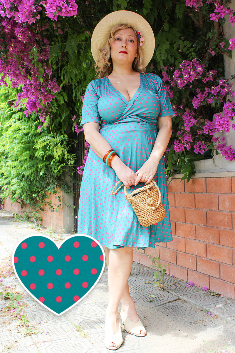 strapless open back dress Plus Size Blue & Pink Polka Dot Wrap Dress