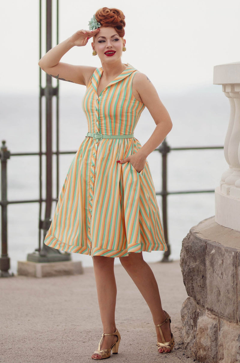 yellow stripe shirt dress Summer Yellow Striped Sleeveless Shirt Dress