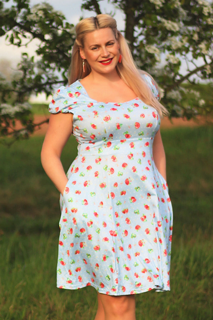 Claudia Baby Blue Swing Dress with Strawberries & Dots