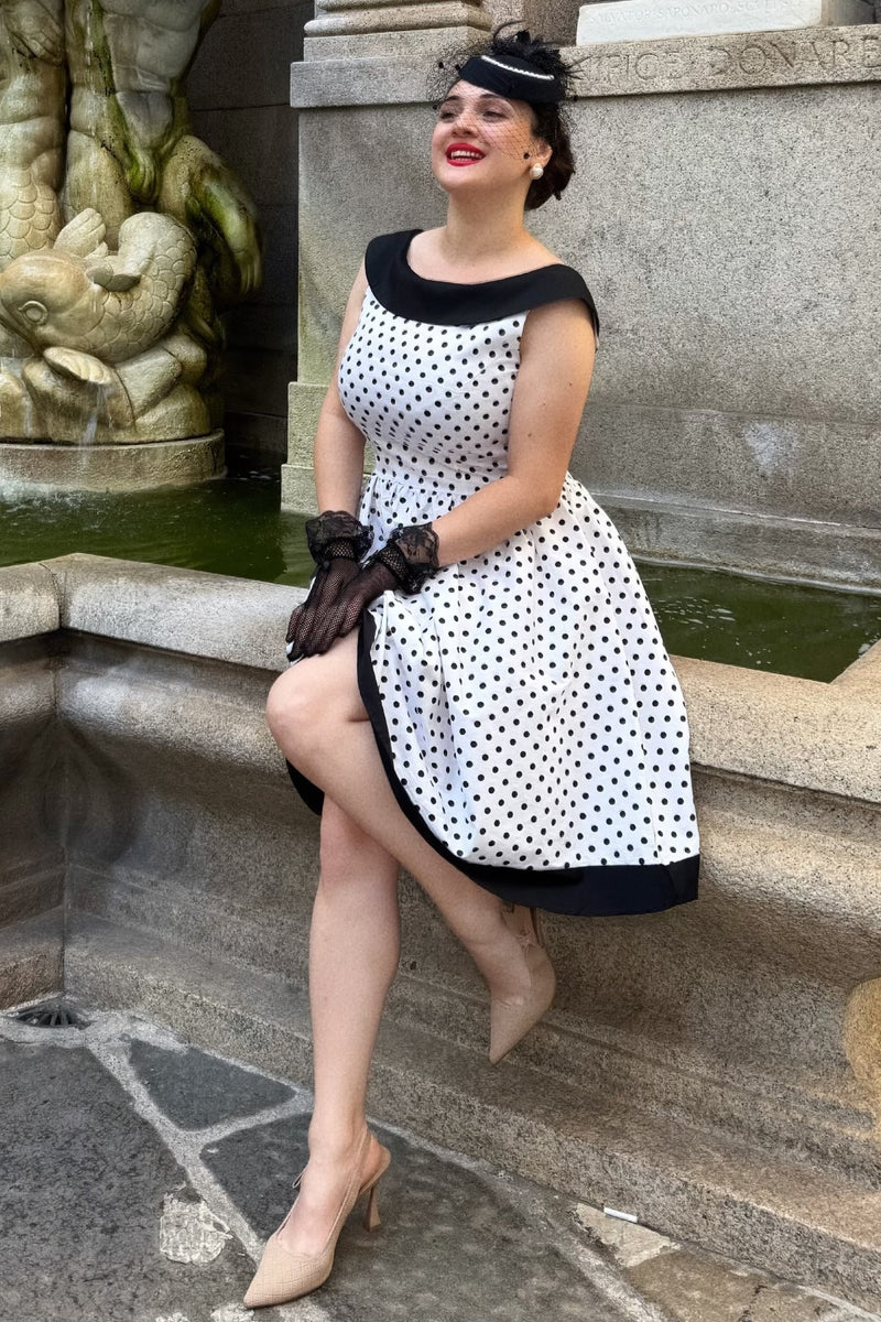 Dolly 50s Black And White Polka Dot Dress 50s Roll Collar Low Back White Black Spot Dolly 50s Black And White Polka Dot Dress 50s Roll Collar Low Back White Black Spot