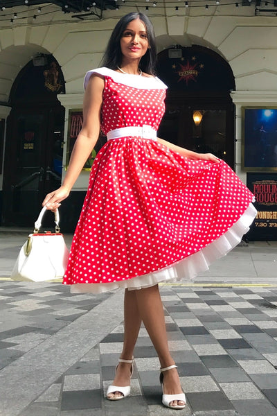 Classic Red & White Circle Dress with Roll Collar