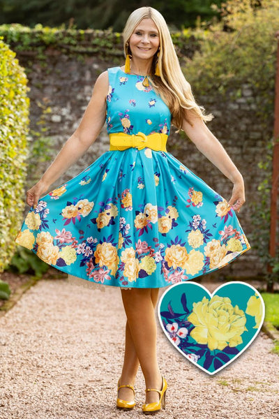 Annie Turquoise 50s Style Raising Yellow Flowers Swing Dress
