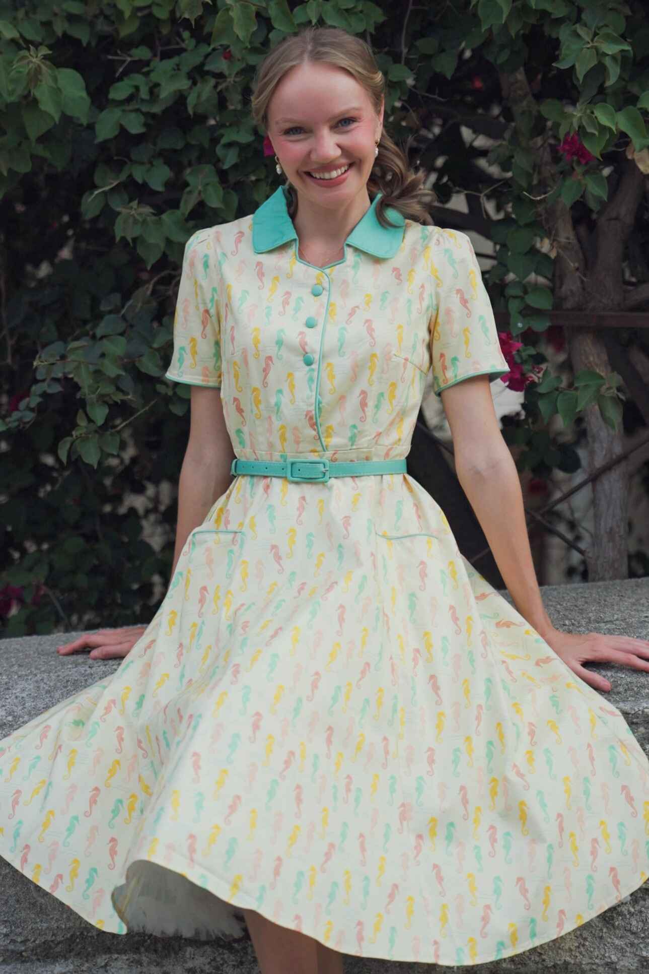 Model Tanya wearing Mabel Seahorse Midi Shirt Dress