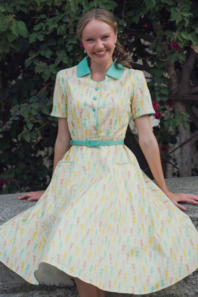 Model Tanya wearing Mabel Seahorse Midi Shirt Dress