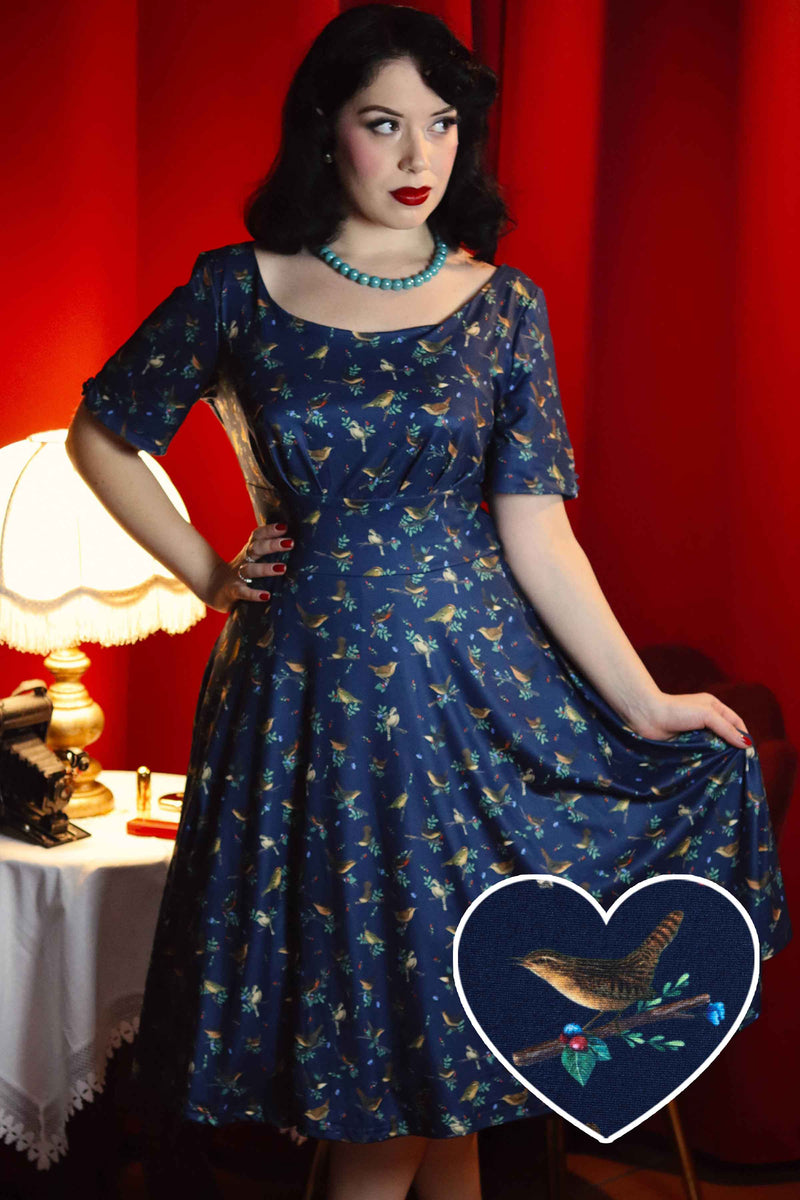 Brenda Navy Blue Bird Print Dress