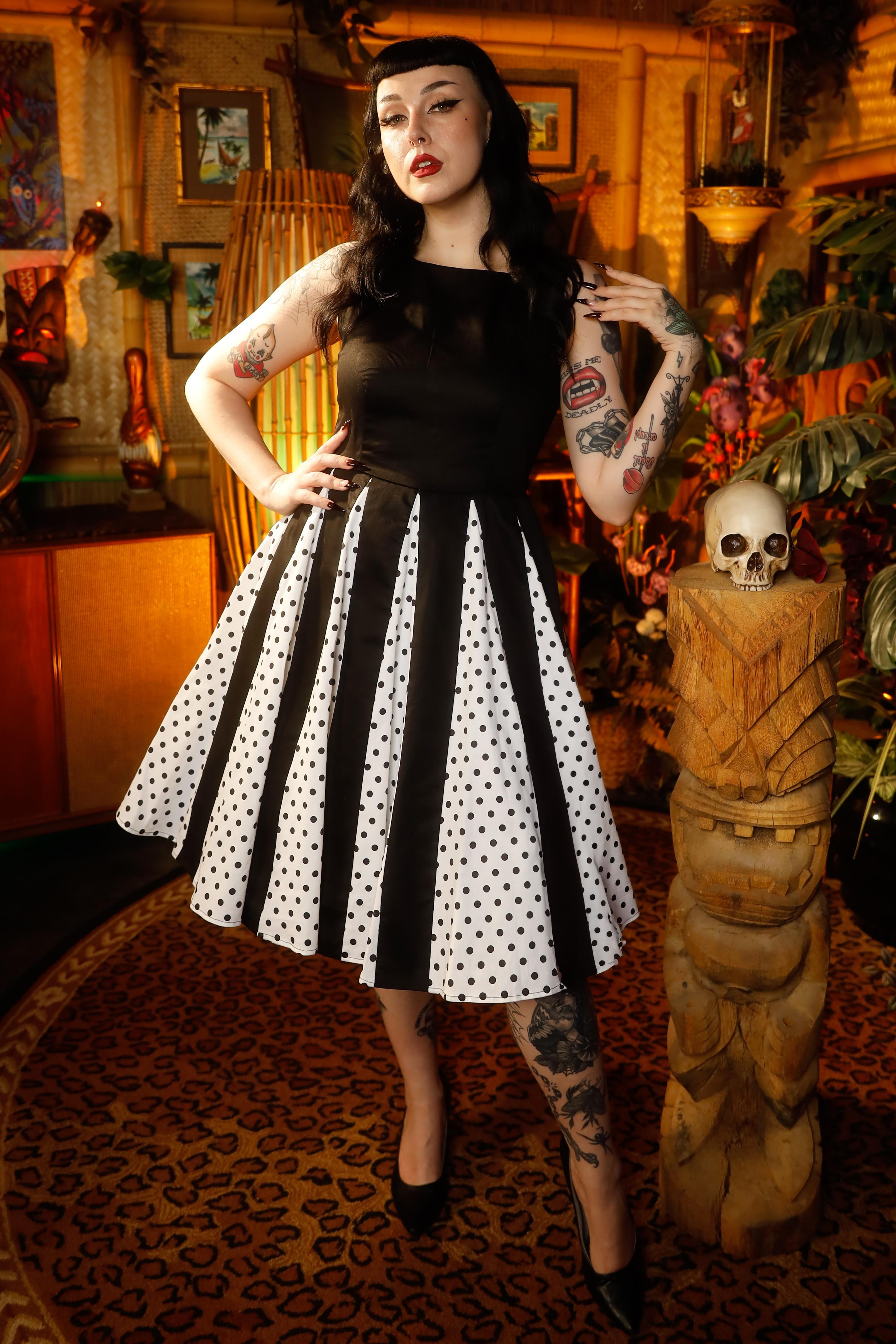 Judith Pleated Black Dress With White Polka Dots