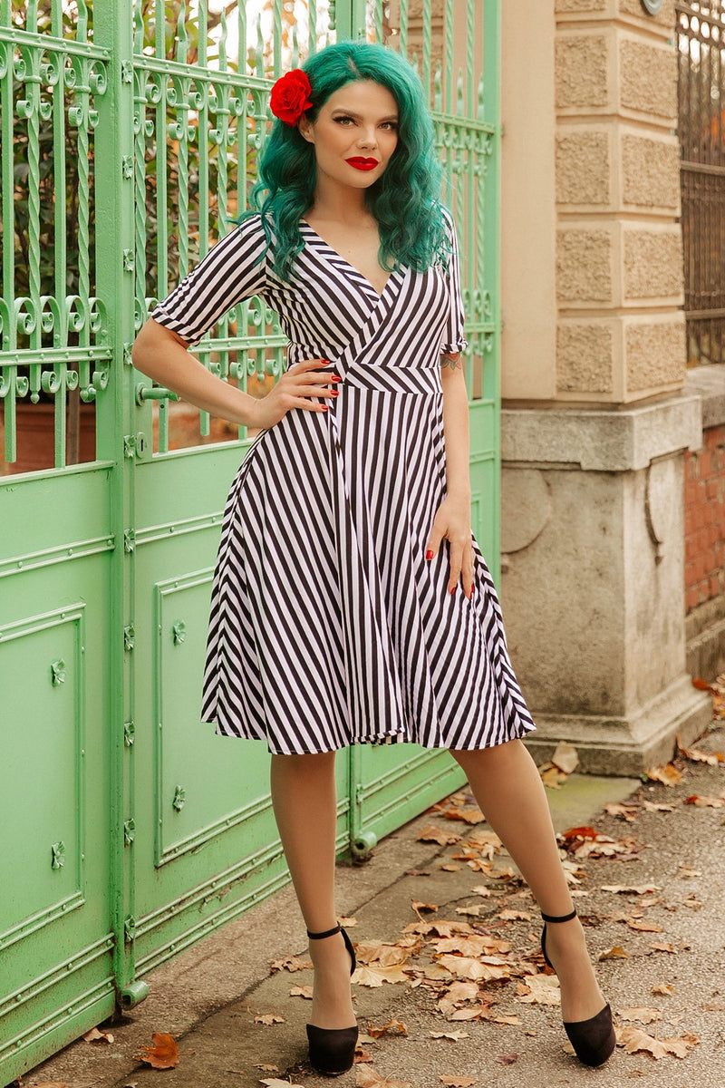 Matilda Casual Wrap Day Dress in Black/White Stripe Print