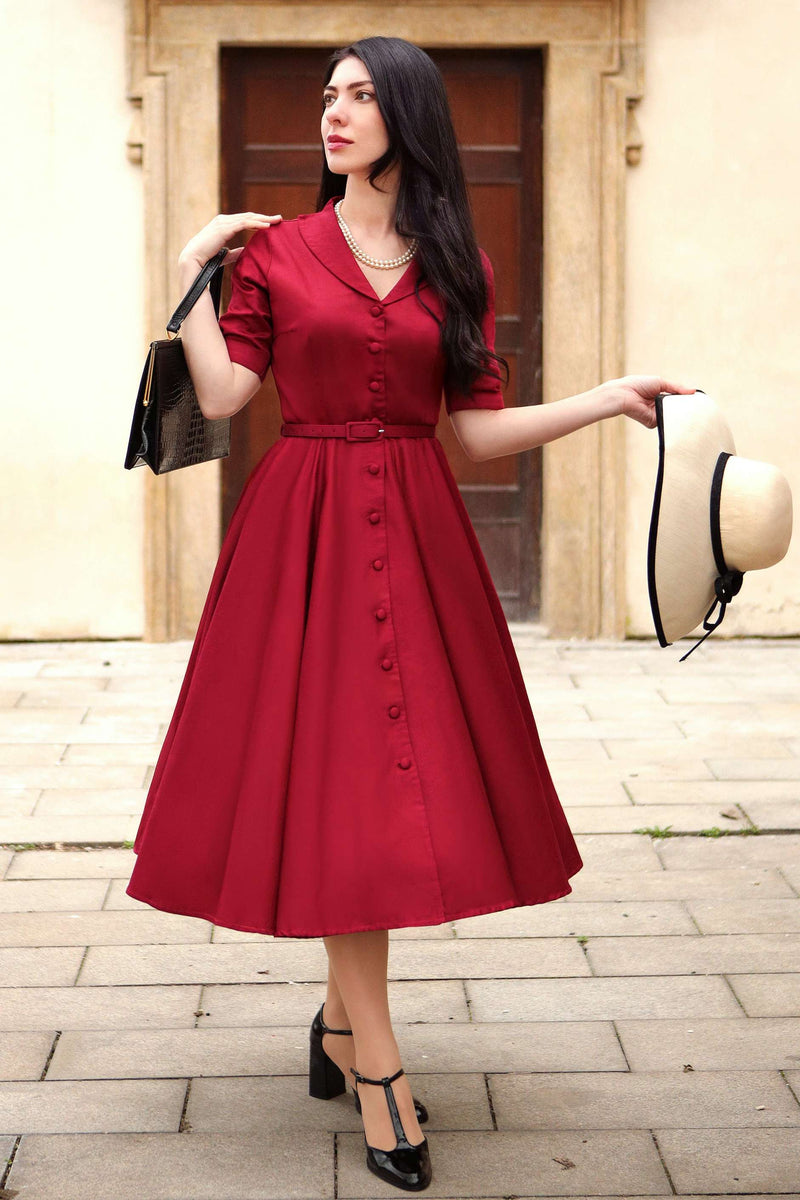 red midi dress formal Scarlette Full Circle Shirt 100% cotton Smocked fabric Finish:PBL inseam:Full Length Women's Donna Karan New