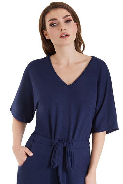 Close up view of Navy Blue Wide Leg Jumpsuit