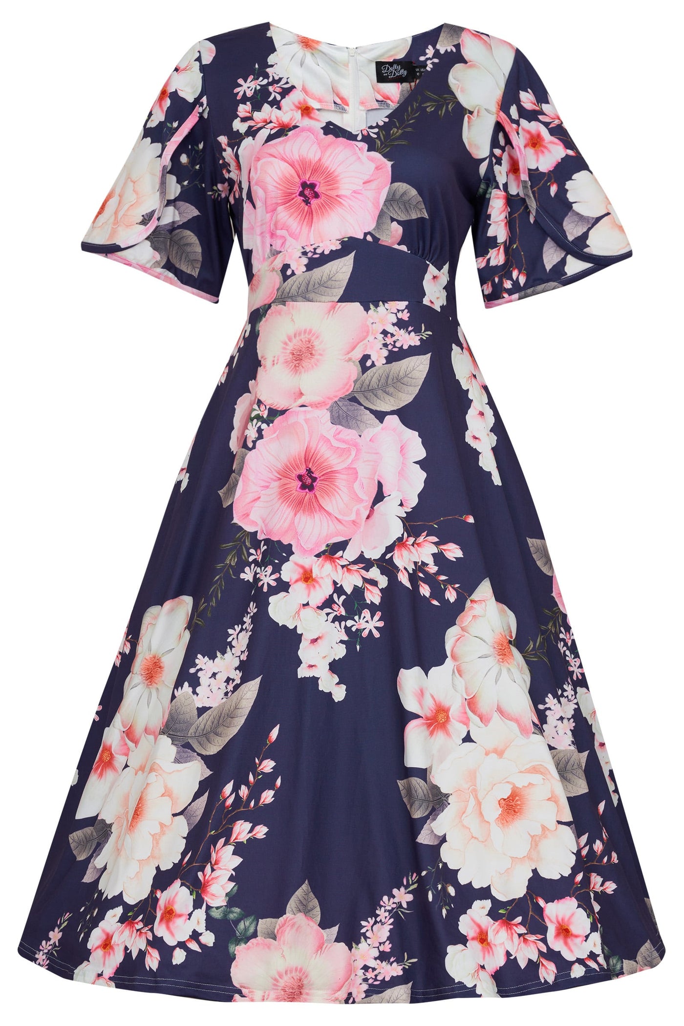 Navy Floral Petal Sleeve Dress