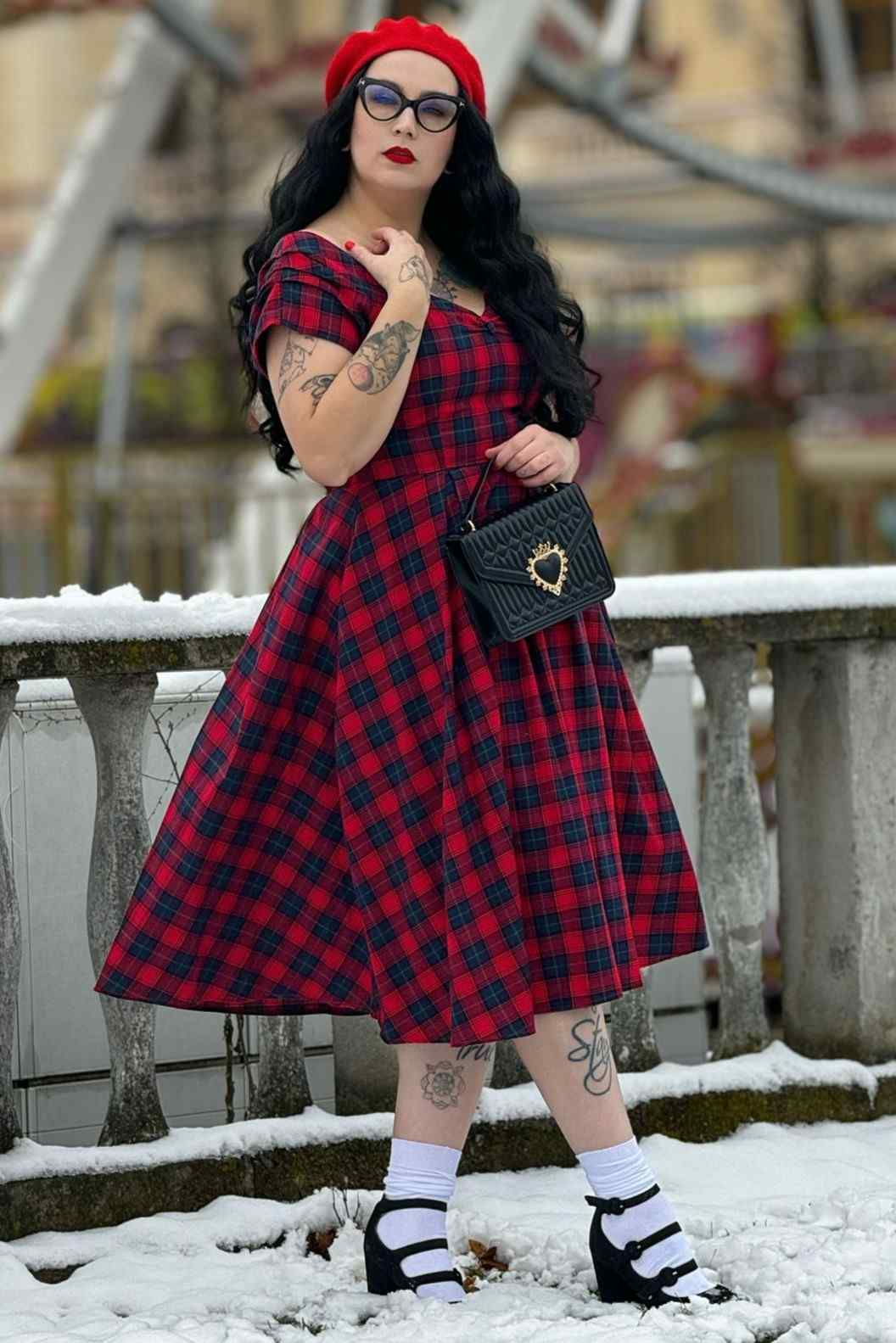 Off-Shoulder Red Tartan Swing Dress