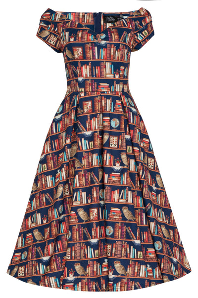 Front view of our cap sleeved V neck dress in navy blue book shelf and owl print