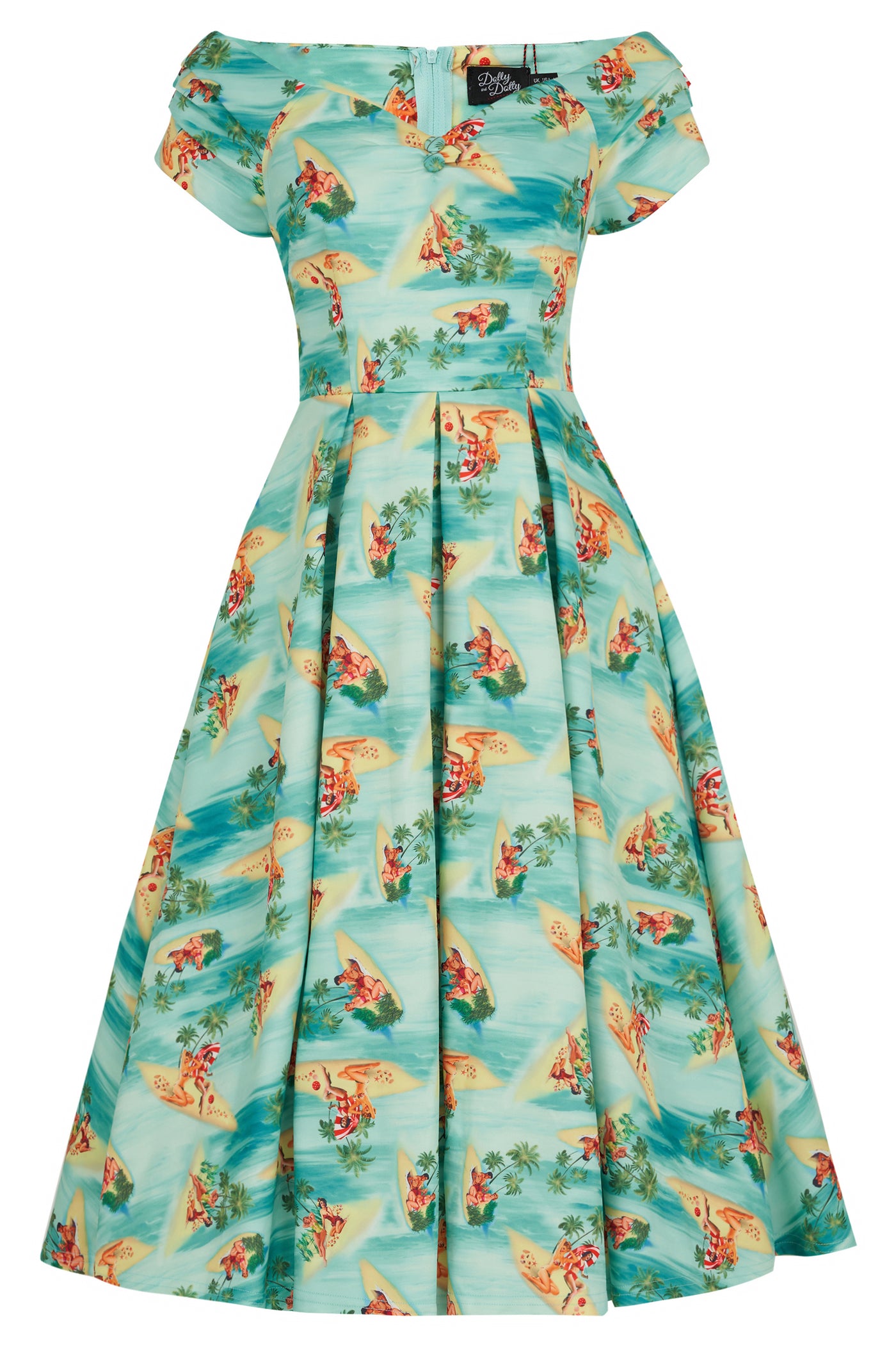 Off Shoulder Turquoise Dress In Pinup Beach Print