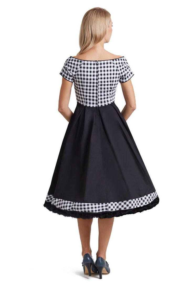 black and white checkered off the shoulder dress Lily Off Shoulder Black/White Gingham Swing Dress