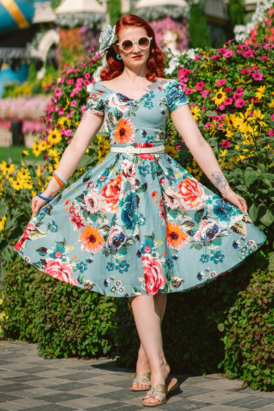 Off Shoulder Blue Floral Swing Dress