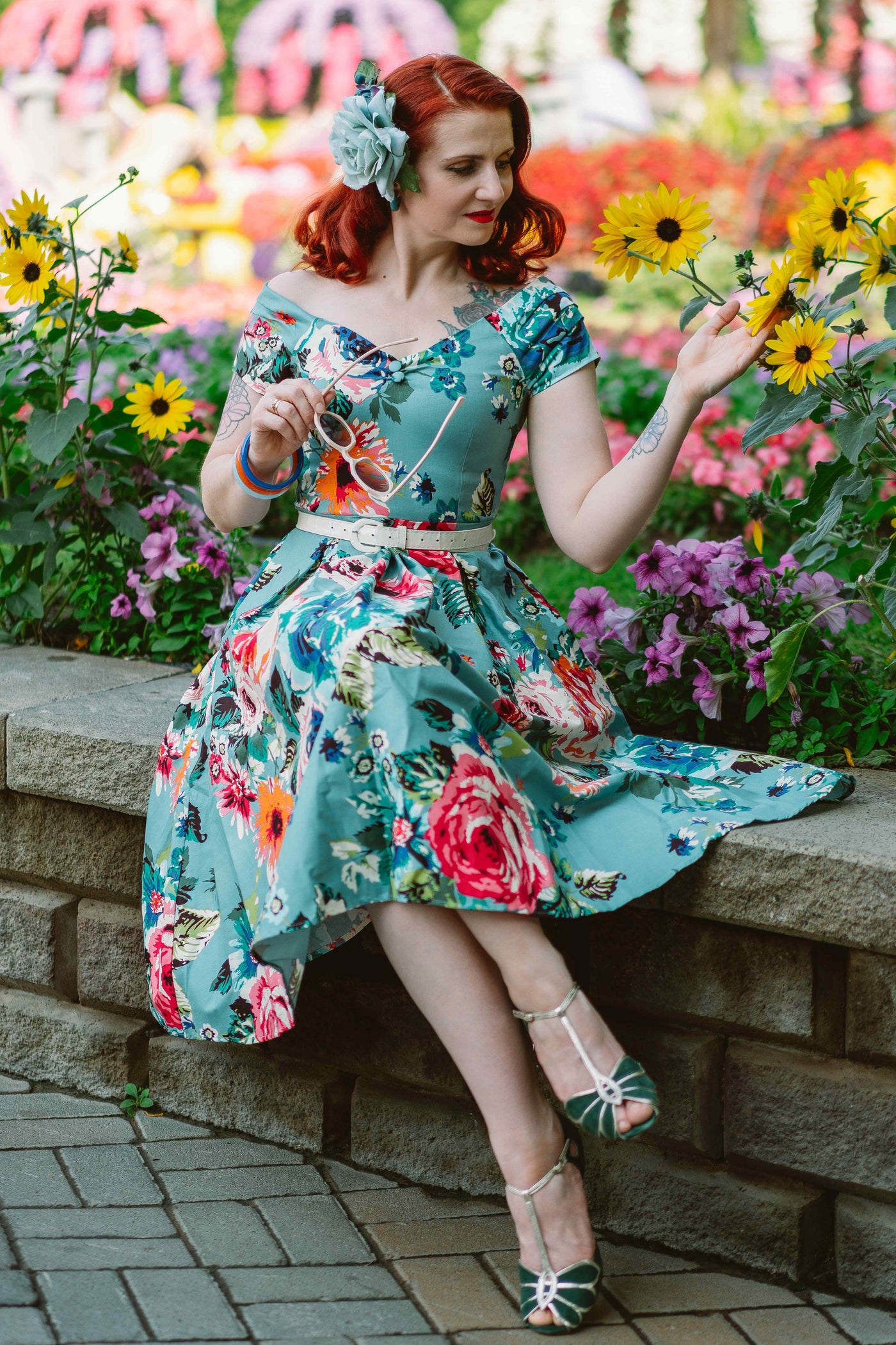 Lily Off Shoulder Blue Floral Swing Dress Dolly and Dotty